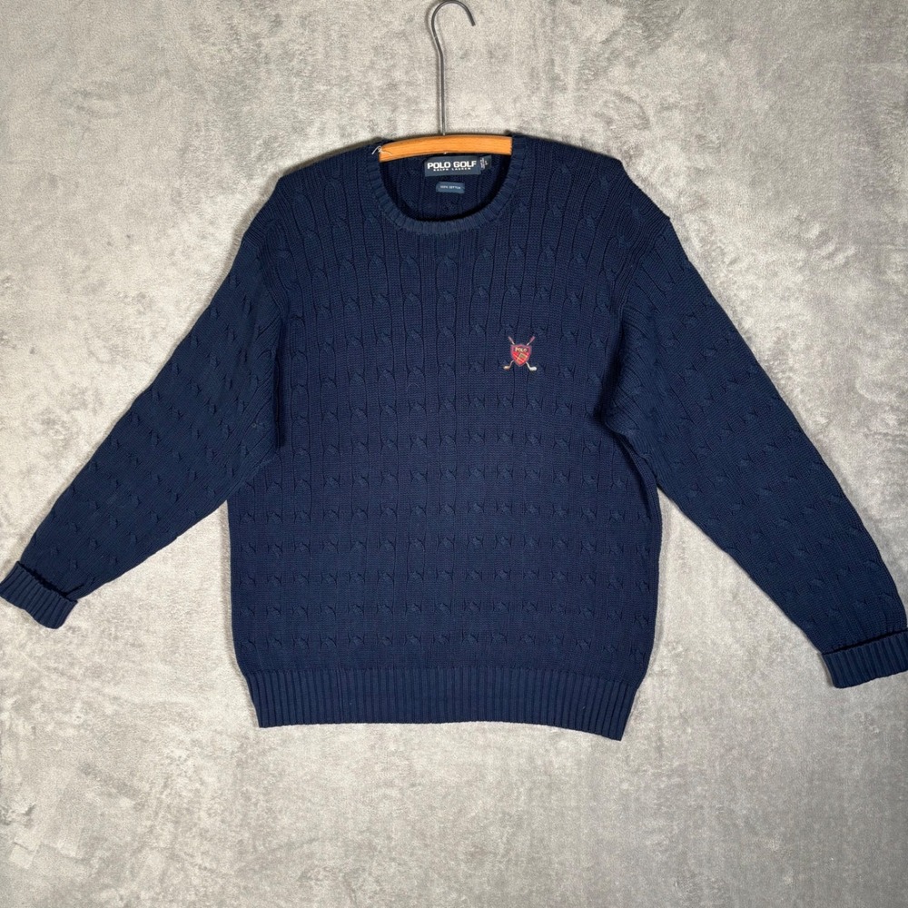 VNTG‎ 90's Polo Golf Ralph Lauren Sweater Mens L Blue Cable Knit Crewneck Crest